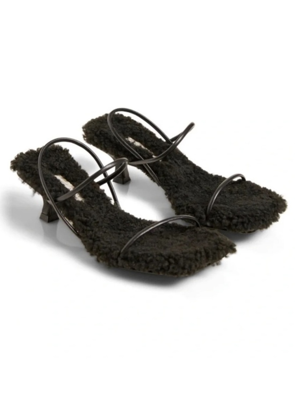 St Agni Black Shearling Leather Slingback Kitten Heel Sandals Size 38